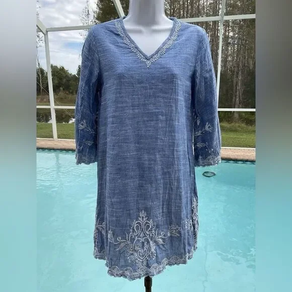 Kyla Seo Caite embroidered light chambray V-neck dress