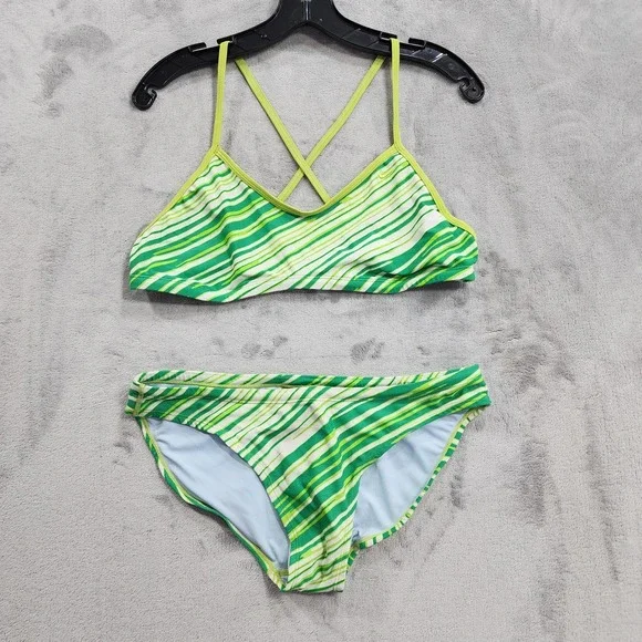Nike Bikini Swimsuit Womens 36/10 Green Stripe 2 Piece Athletic Stretch Beach