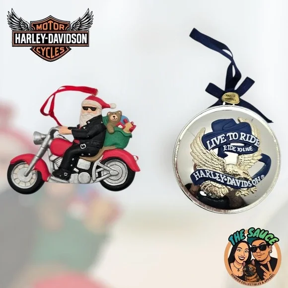 Harley Davidson Christmas Ornaments Santa Biker Motorcycle & Live to Ride Set‎