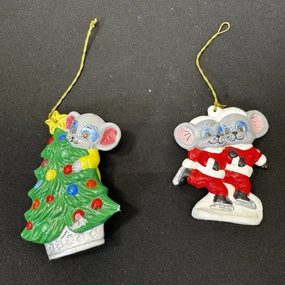 Lot of 2 Ceramic Hand‎ Painted Mouse Christmas Ornaments