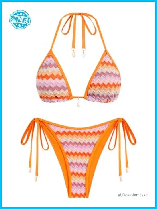 Colorblock Striped Triangle Halter Cheeky Thong Bikini Set High Cut Two Piece