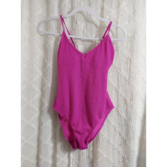 No Boundaries Womens Hot Pink Smocked Crinkle One Piece Swimsuit Size L 11-13