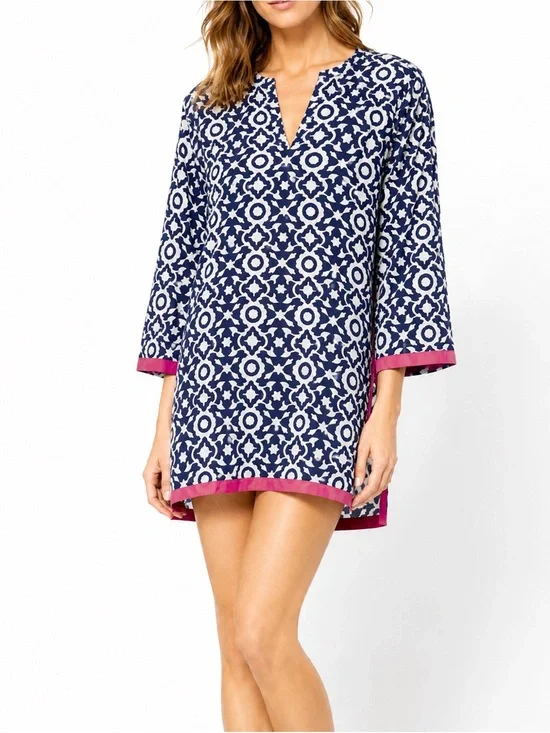 Roller Rabbit Blue Geometric Swim Cover-Up Tunic with Pink Trim Large Pool Beach
