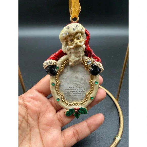 Enamel Santa Claus Photo Frame Christmas Ornament Crystal Accents‎ Red Gold 4in