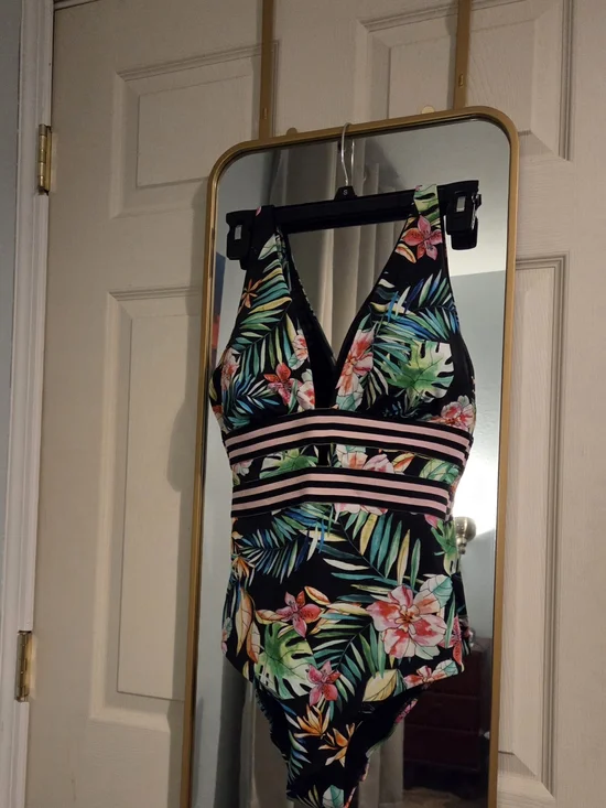 Swimsuits For All Black Tropical Floral One-Piece with Pink Stripes-Size 10