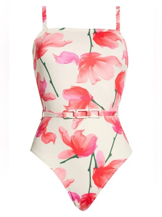 HUTCH Chain Belt One-Piece Swimsuit in  Ivory Red Floral