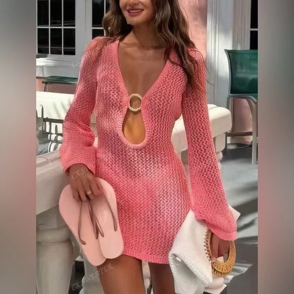 Women's Pink Crochet Swim Coverup Mini Dress