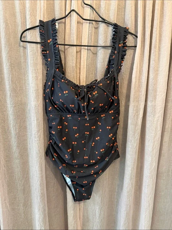 Black Cherry-Print Ruffle Strap One-Piece Swimsuit