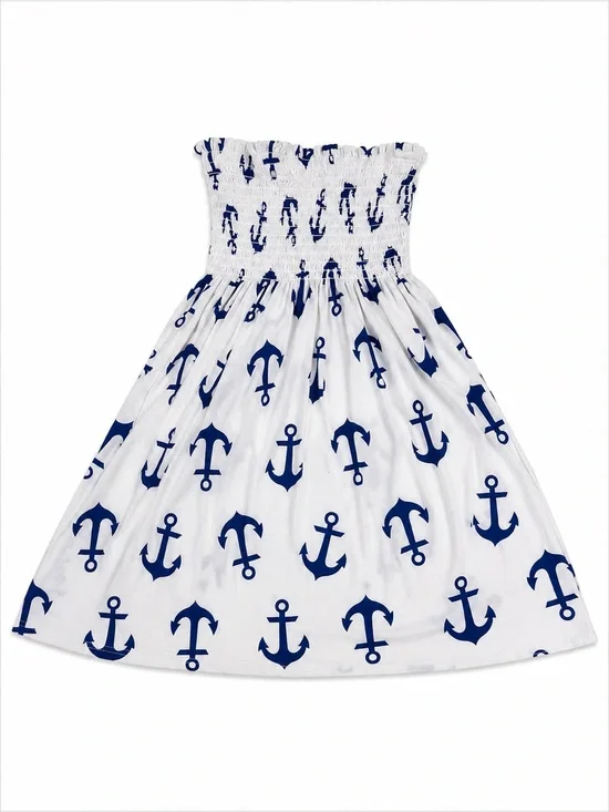 Strapless Smocked Anchor Print Cover-Up Dress | White & Blue | Size M
