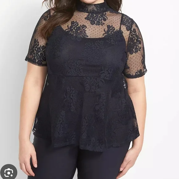 Lane Bryant Cutwork High Neck Lace Short Sleeve Mock Neck Sheer Top 14/16