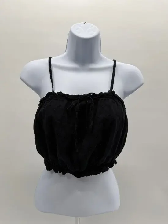 Active USA Black Cotton Eyelet Cropped Cami Tank Top Smocked Boho Size Small