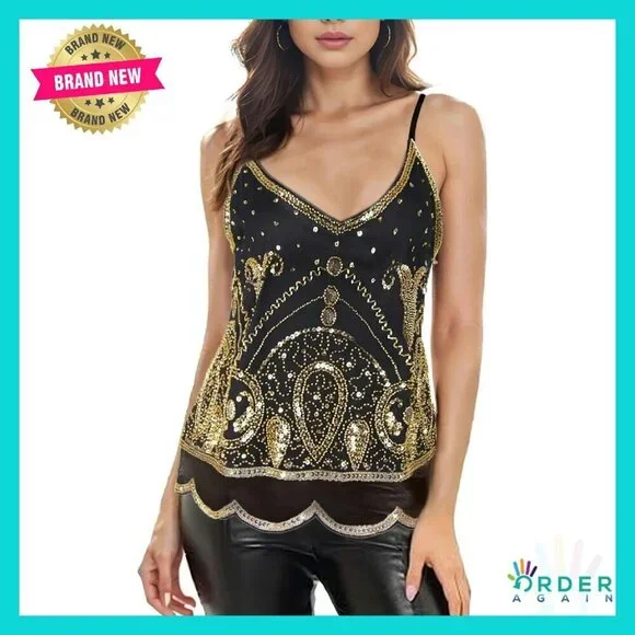 1920s Inspired Beaded Sequin Glitter Blouse V Neck Tank Top Formal Gatsby Shirt