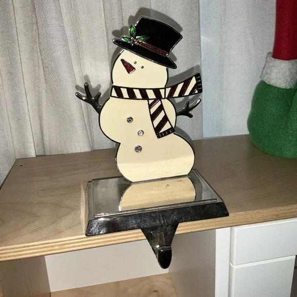 Vintage Enamel SNOWMAN STOCKING HANGER Mantel Holder Hook Christmas