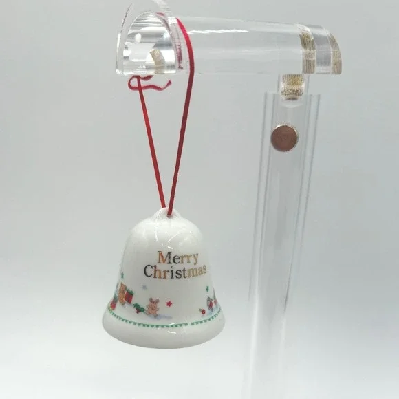 Merry Christmas Ceramic Bell Ornament Santa Elves Reindeer Red Ribbon‎