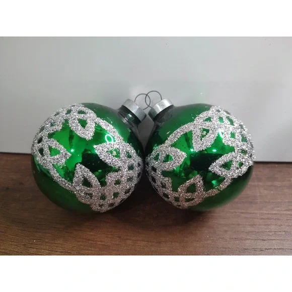 Lot of 2 Vintage Green Glass Ball Holiday Christmas Ornament Silver Glitter A17