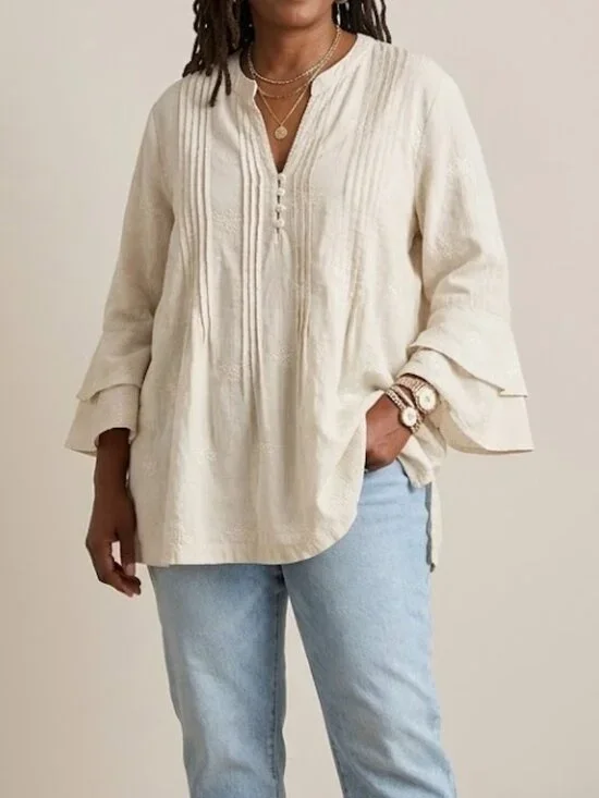Antibes Blanc Cream Linen Embroidered Flare Sleeve Pintuck Tunic Plus Size 3X