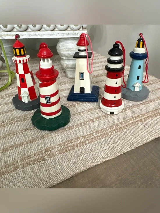 Lighthouse Ornaments -Set of 5 Decorative Wooden - Red, White, Blue 4”