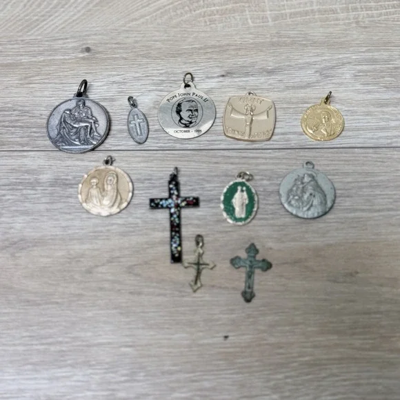 Vintage Religious Charm Lot Cross Medal Saint Pendant Catholic Jewelry‎ Bundle