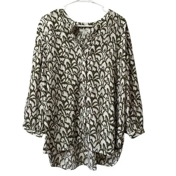 Jachs Girlfriend NY Women Tunic Blouse Hidden Button Size XL Green White Flowing