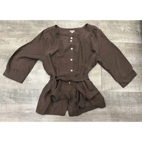 J. Jill Brown Blouse Button Down 100% Silk Shirt Short Sleeve Waist Tie