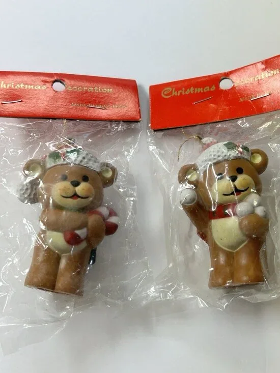 Vintage Set of 2 Teddy Bear Christmas Ornaments Hong Kong Xmas Decorations NOS
