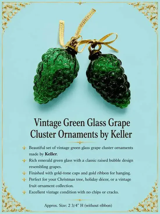 Keller Vintage Green Glass Grape Cluster Christmas Ornaments, Set of 2