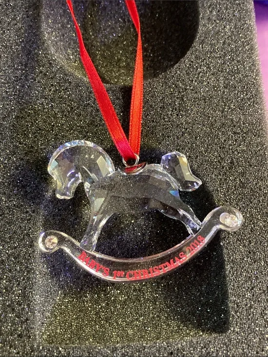 Swarovski Clear Crystal Rocking Horse Ornament with Red Ribbon