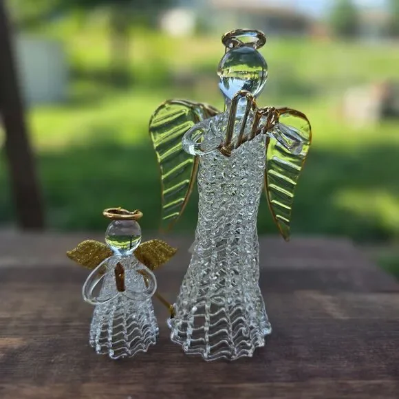 Carlton Cards Set of 2 Hand-Blown Glass Angel Ornaments with Gold Accents