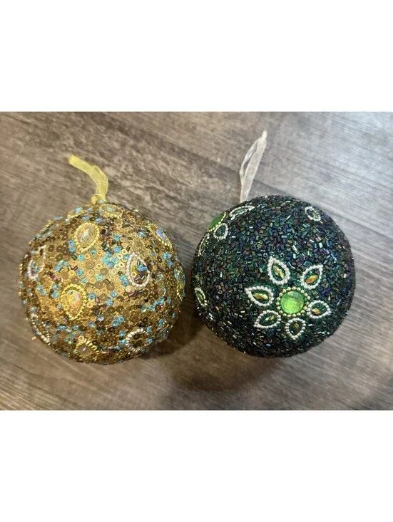 Pier 1 Imports Christmas Ornaments Lot Of 2 Blue Green Embellished Ball India