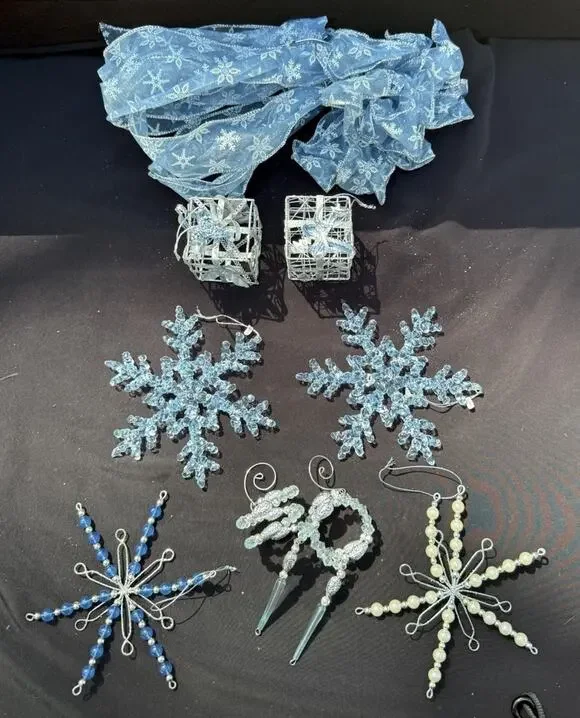 Beautiful Ice Blue Christmas Ornament Lot Snowflakes Bows & More! S1