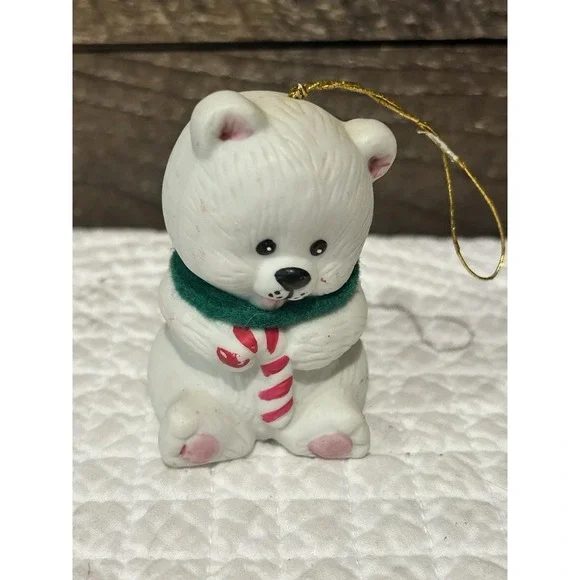 Vintage Jasco Bisque Porcelain Lil Chimers Polar Bear w/‎ Candy Cane Ornament