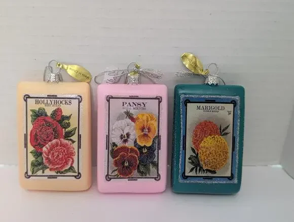 Vintage Seed Packet Glass Ornaments Set Hollyhocks Pansy Marigold Garden Decor