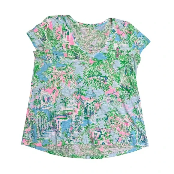 Lilly Pulitzer Etta V-Neck Tee Ocean Worth Ave Scenic Print Green Pink L preppy