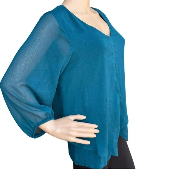 Apt. 9 Layered V-Neck Women’s Top M Teal NWT Pullover Sheer Sleeve Casual