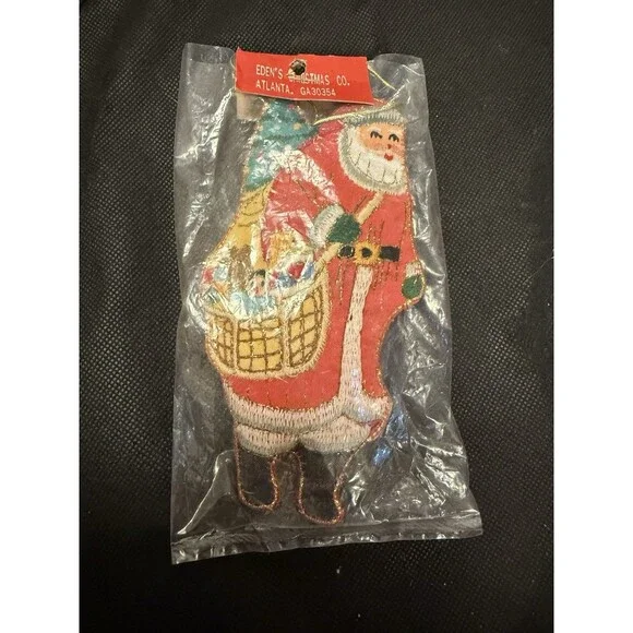 Vtg 7” Santa Claus Ornament Embroidered‎ Fabric Eden’s Christmas Co
