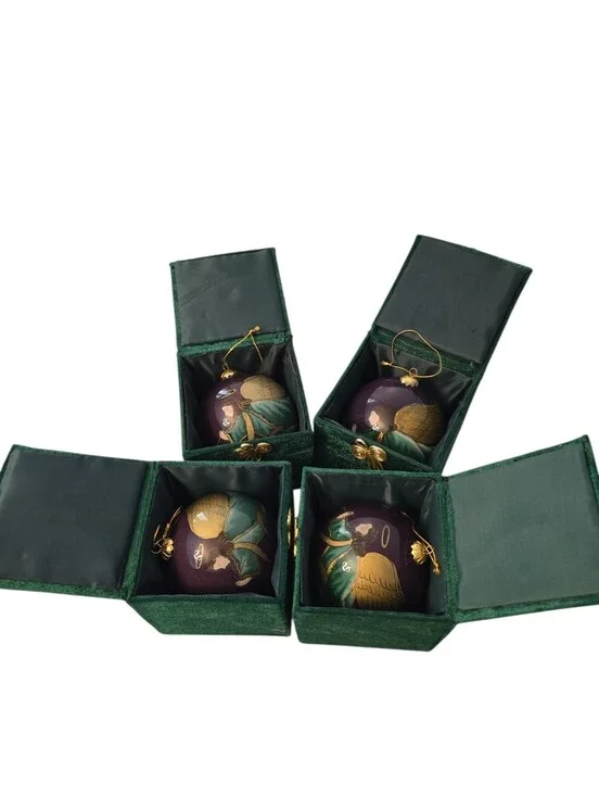 Four 1999 Pier 1 Li Bien Reverse Painted Angel Playing Horn Trumpet Ornaments