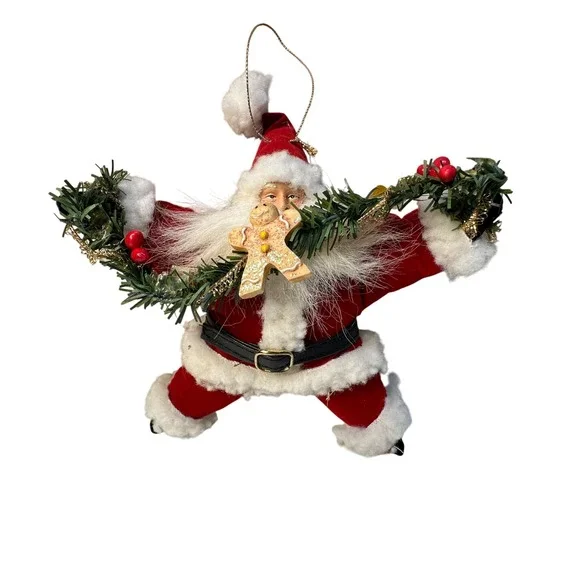 Star‎ Shaped Plush Dancing Santa Garland Ornament Gingerbread Cookie Vintage