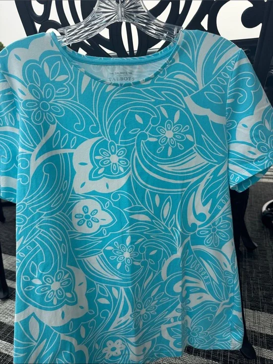 Talbots Turquoise and White Floral-Print Short Sleeve Tee