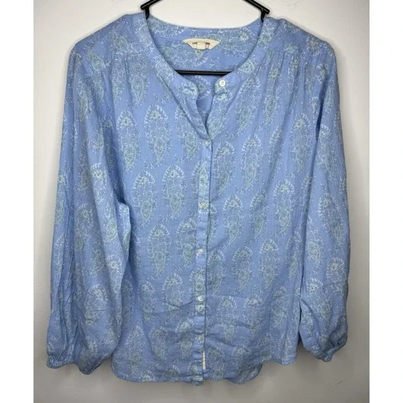 Lucky Shirt  Womens Medium Blue Paisley  Blouse Boho Button Front Relaxed Flowy
