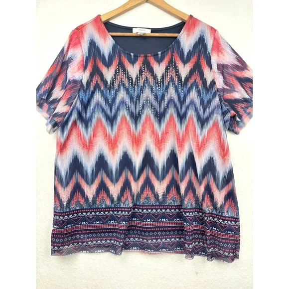 CJ Banks Mesh Blouse Womens 1X Chevron Rhinestone Short Sleeve Boho Eclectic