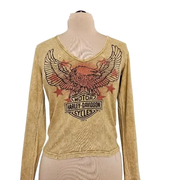 Harley-Davidson Long Sleeve V Neck Top Medium Eagle‎ Graphic Bikercore Acid Wash