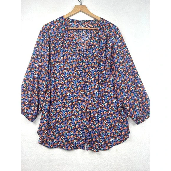 NYDJ Blouse Womens 2X Floral Pleated Back Relaxed Fit