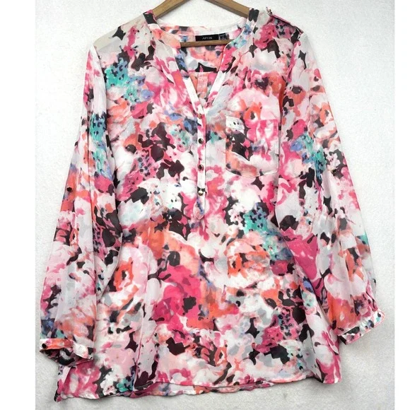 Apt 9 Henley Top Womens 1X Floral Roll Tab Sleeve Cottagecore