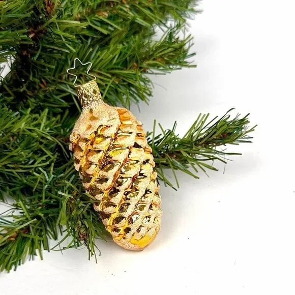 INGE-GLAS Christmas Ornament Blown Glass Shimmering Gold Pinecone 3,5