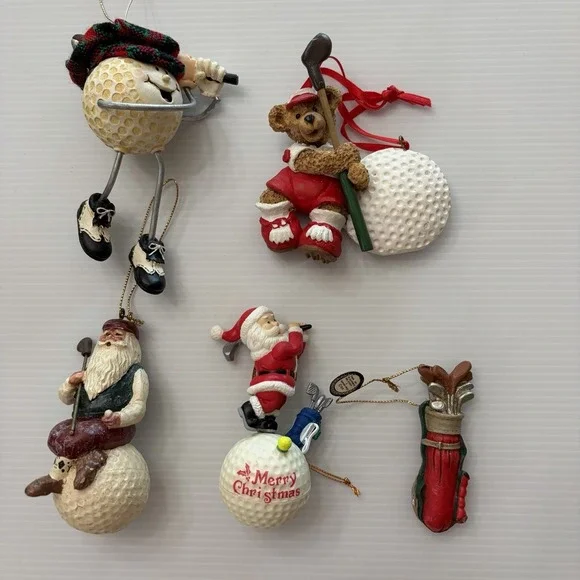 Lot Of 5 Vintage Christmas Ornaments Golf Theme Ball Bag Tee Golfer Santa