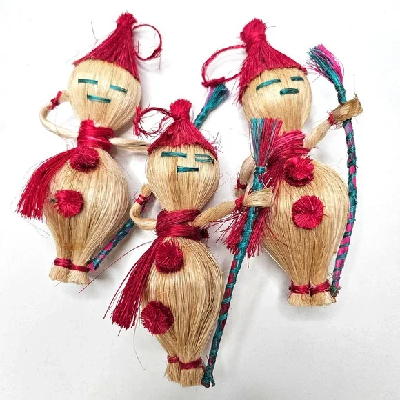 Vintage Jute‎ Straw Doll Ornament 2pc Natural Red Snowman Folk Art
