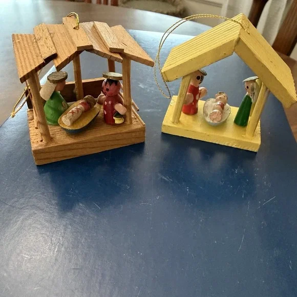 Lot Of 2 Vintage Wooden Nativity Christmas Ornaments Folk Art Decorations