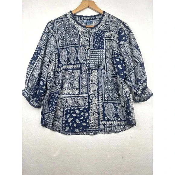 Democracy Blouse Womens M Bandana Patchwork Cotton Pearl Button Top