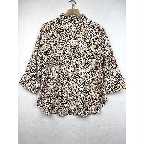 Chicos Blouse Womens 2 L 12 Leopard Print 3/4 Sleeve Button Front