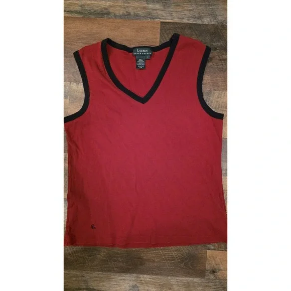 LRL Ralph Lauren Sleeveless Tank Top Women XL Red Navy V-Neck Ribbed Cotton Logo